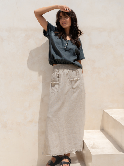 Model wears the Aurora French Linen Skirt in Flax