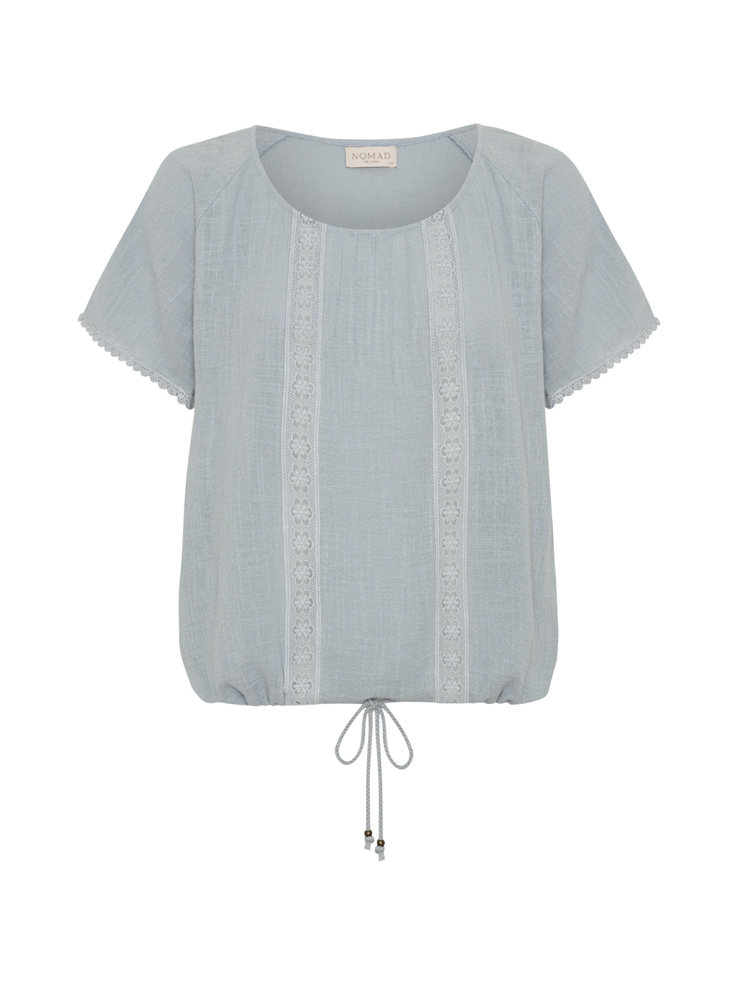 Light blue short-sleeve top with lace details on a white background