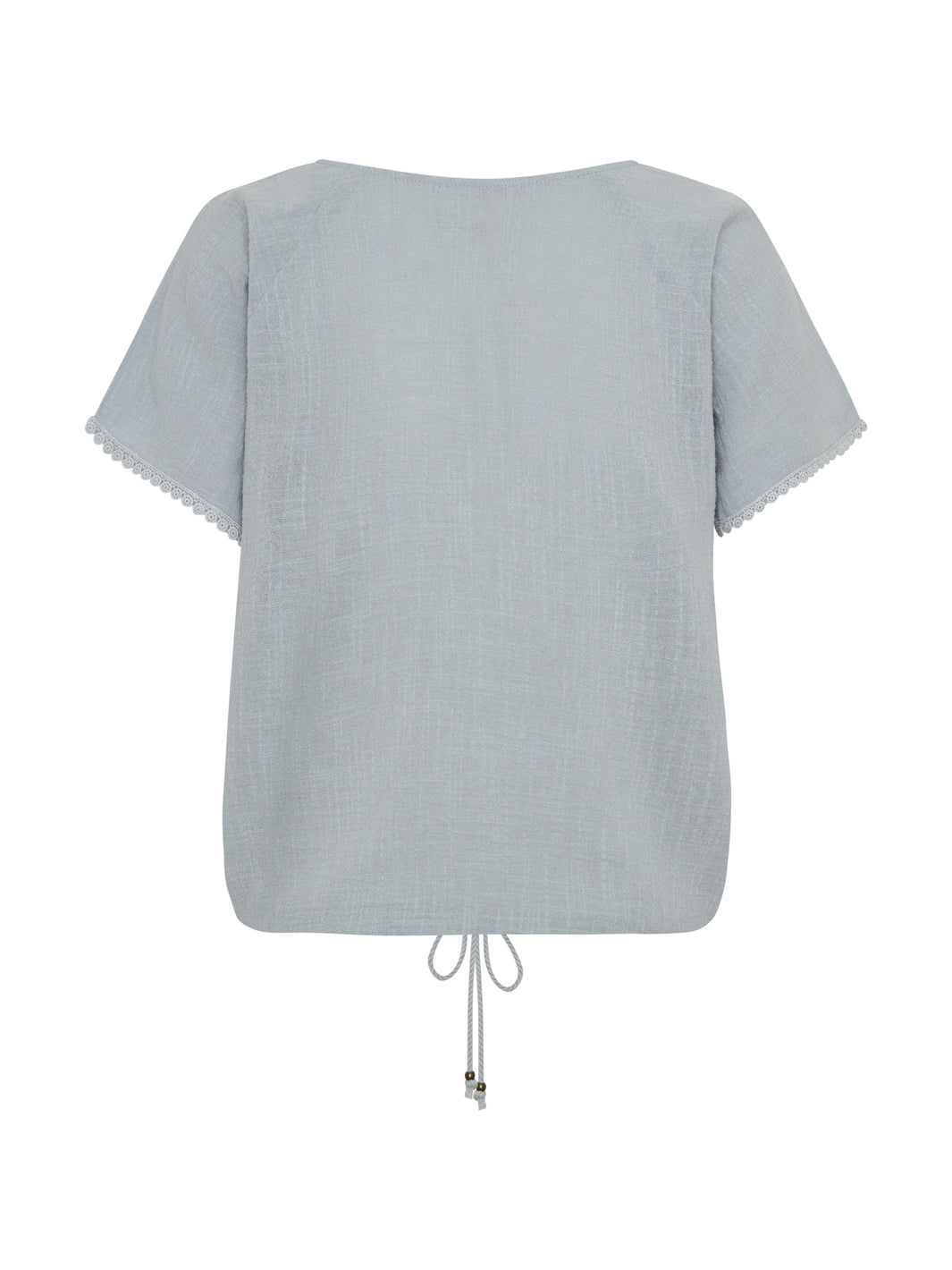 Light gray blouse with a drawstring detail on a white background
