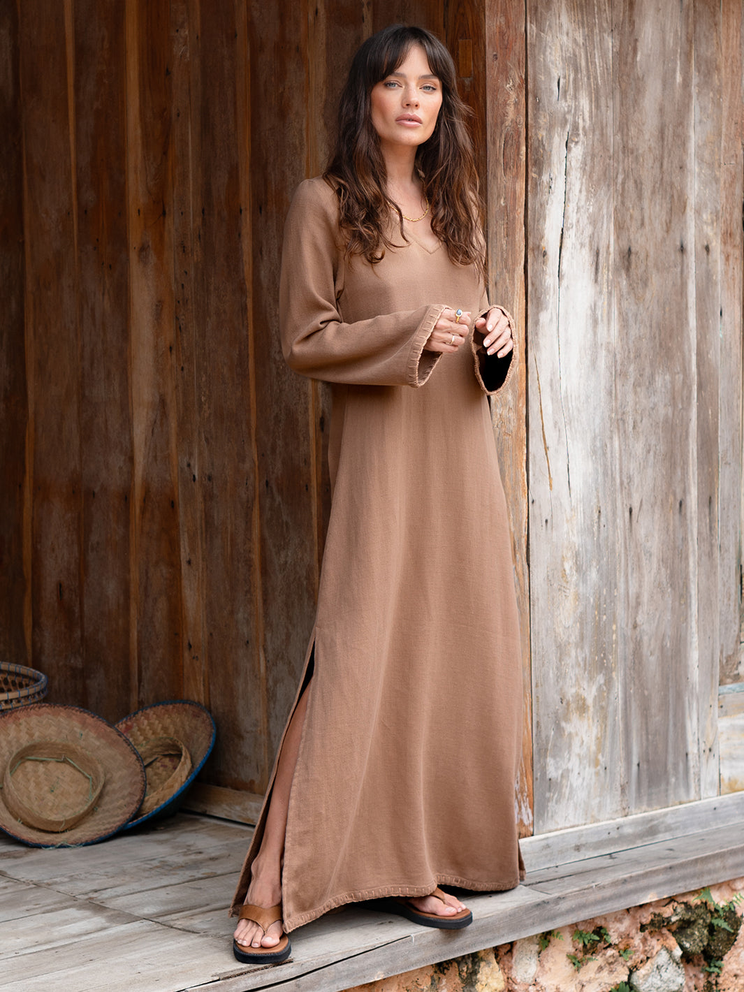 Model is wearing Cielo Ramie Dress in Desert Sand