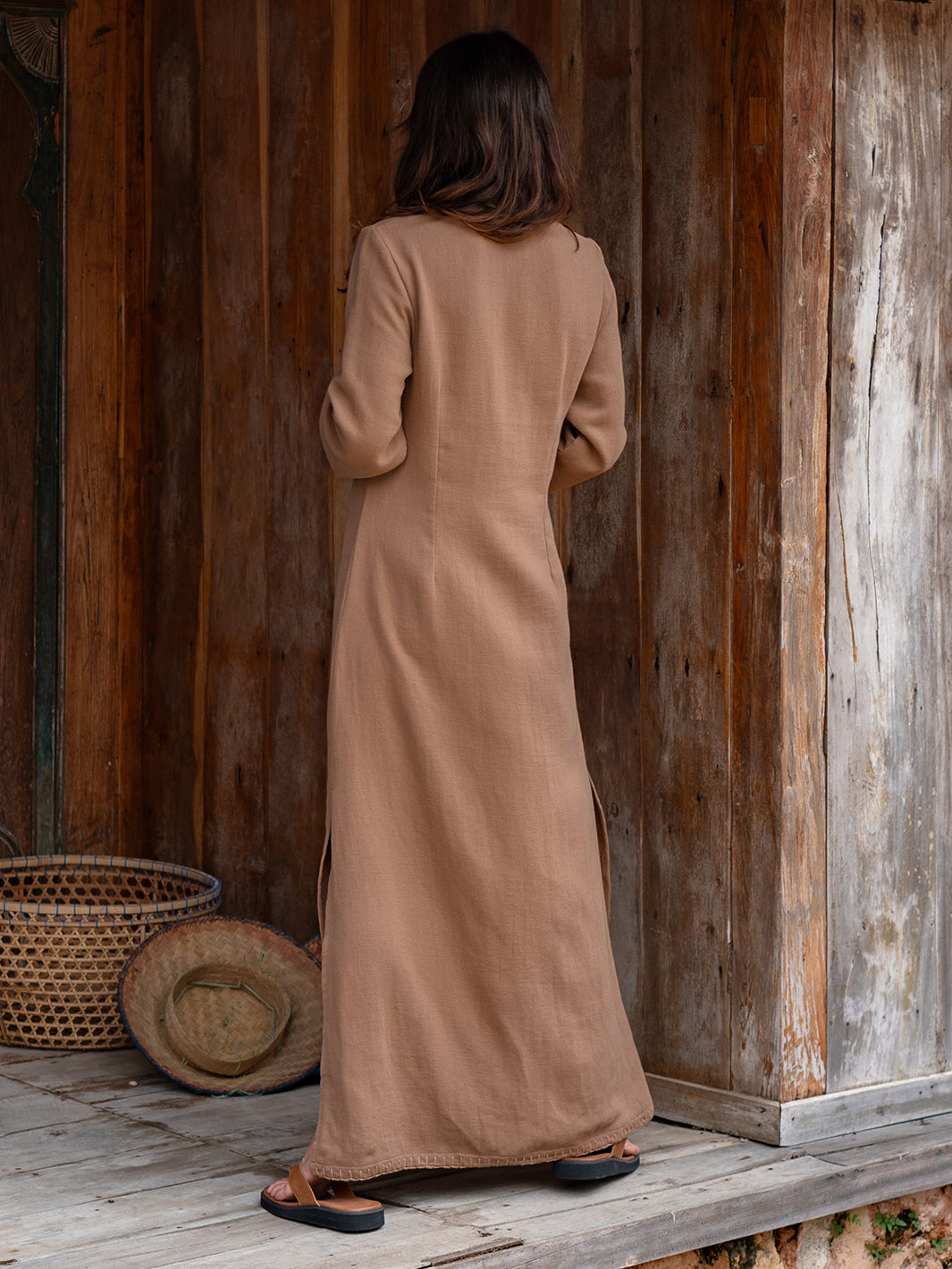 Model is wearing Cielo Ramie Dress in Desert Sand