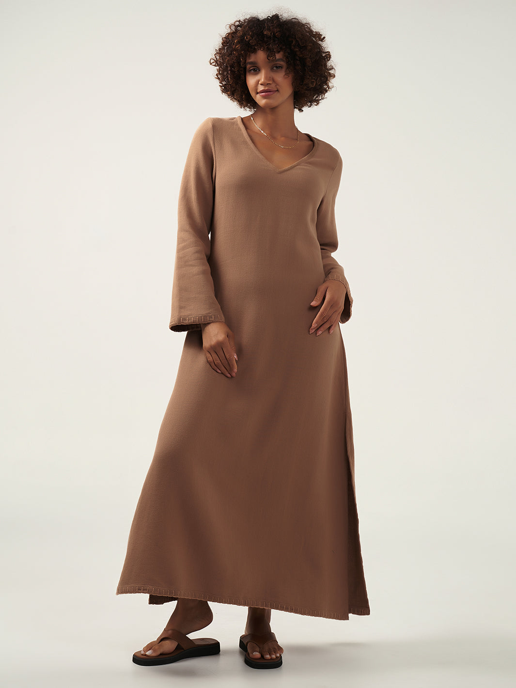 Model is wearing Cielo Ramie Dress in Desert Sand