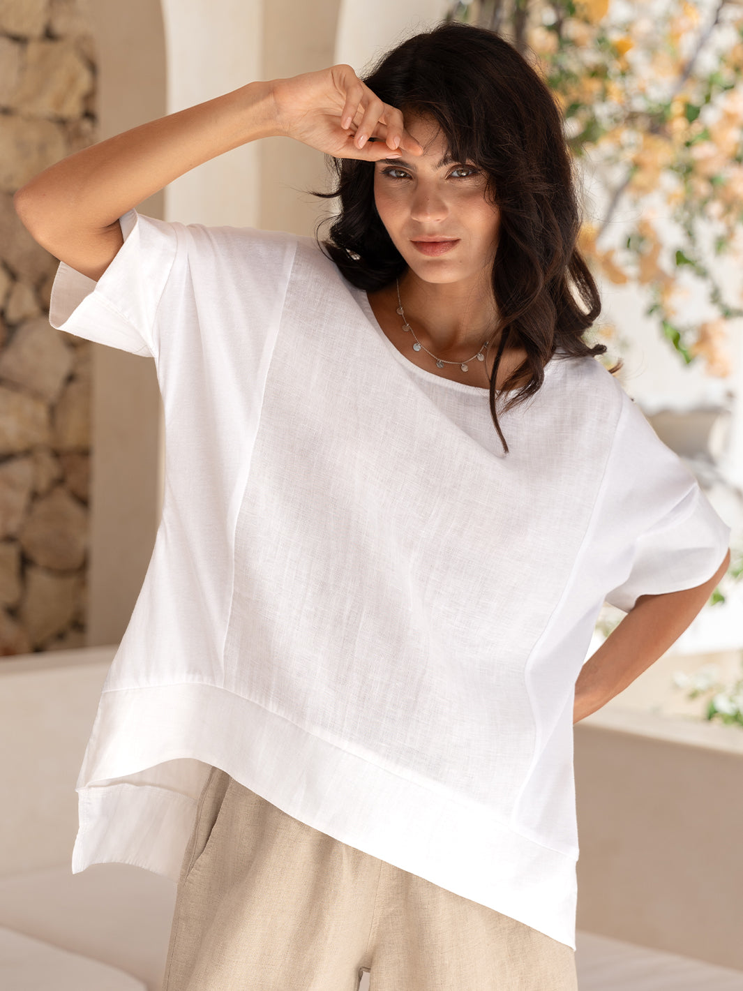 Model wears Costa French Linen and Cotton Top in White