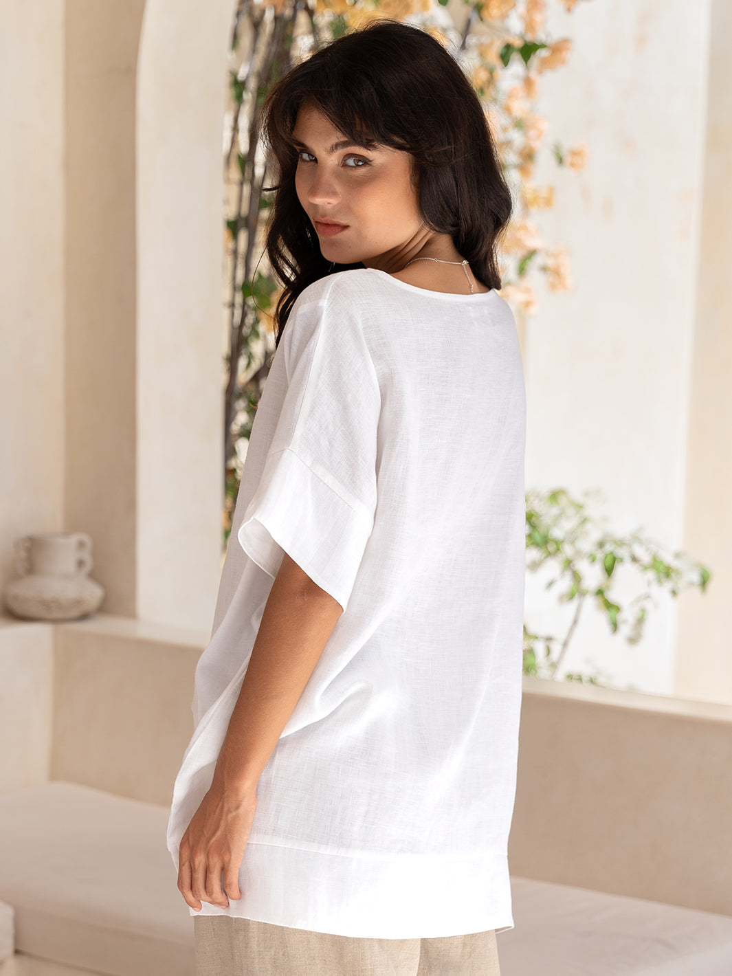 Model wears Costa French Linen and Cotton Top in White