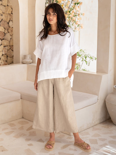 Model wears Costa French Linen and Cotton Top in White