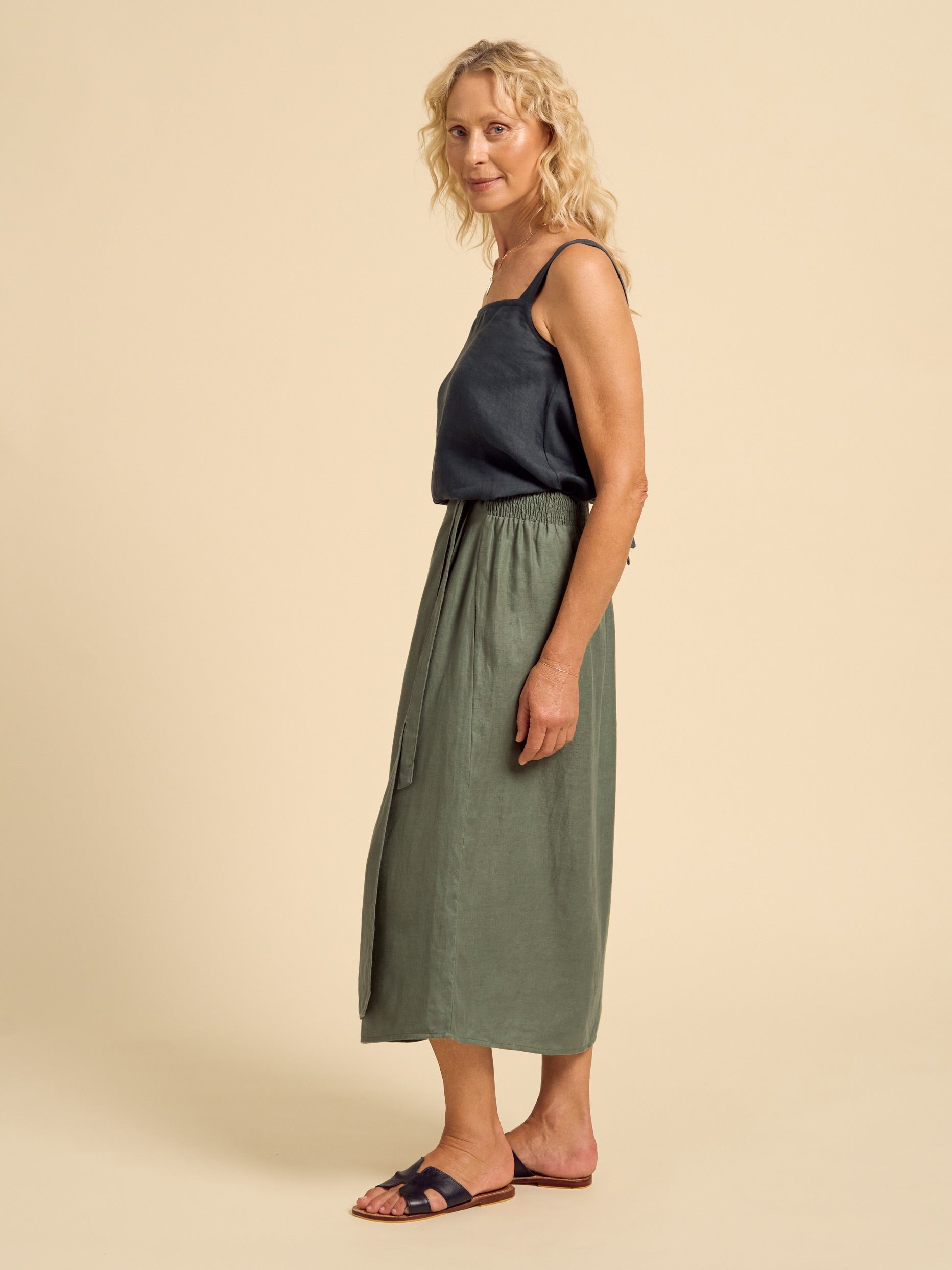 Camila Linen Midi Skirt Olive