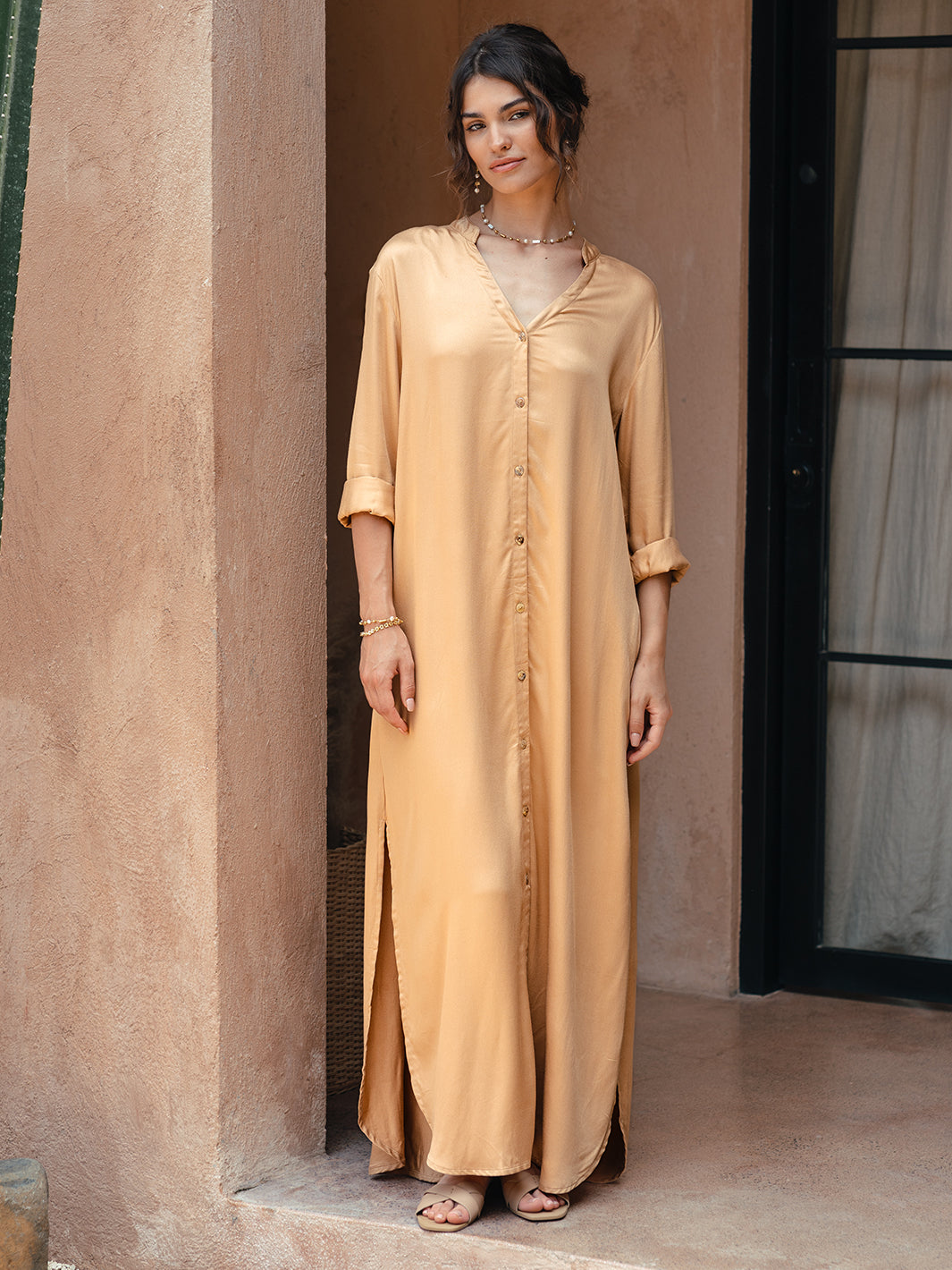 Model wears Carmel Ecovero™ Shirt Dress in Camel