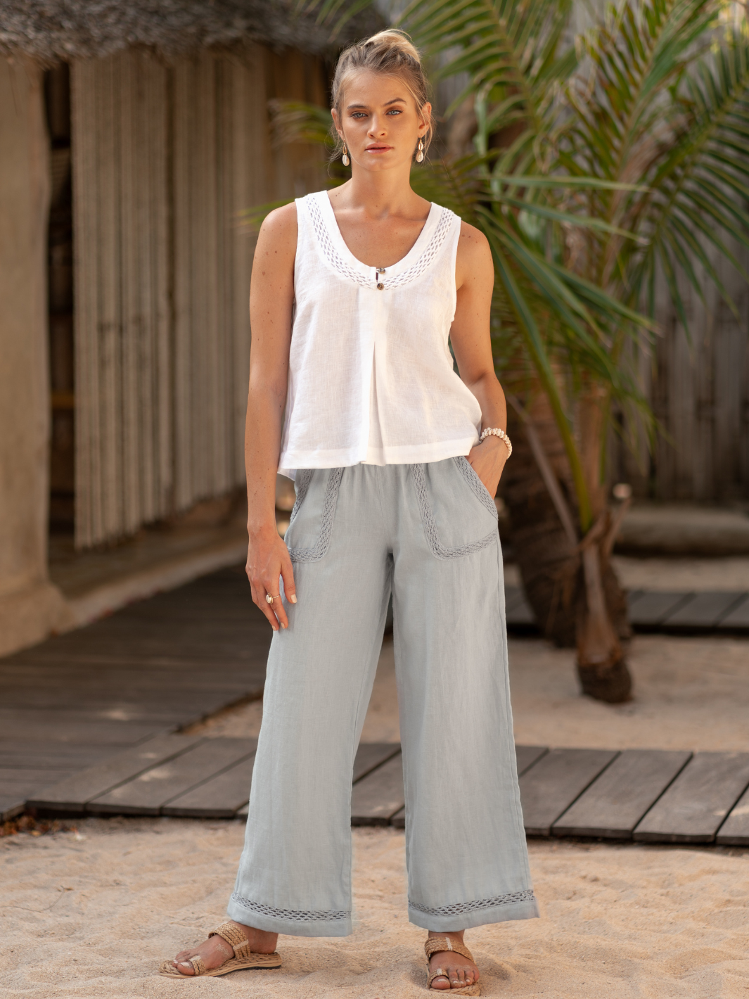 Model wears Cebu Linen Pants in Slate Blue