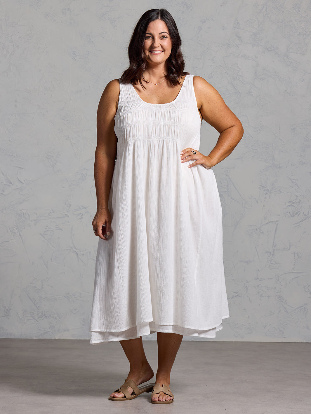 cotton dress size white boohoo Women's Cotton Poplin Shirred Bodice Puff Sleeve Maxi Dress in White | Size: 12
