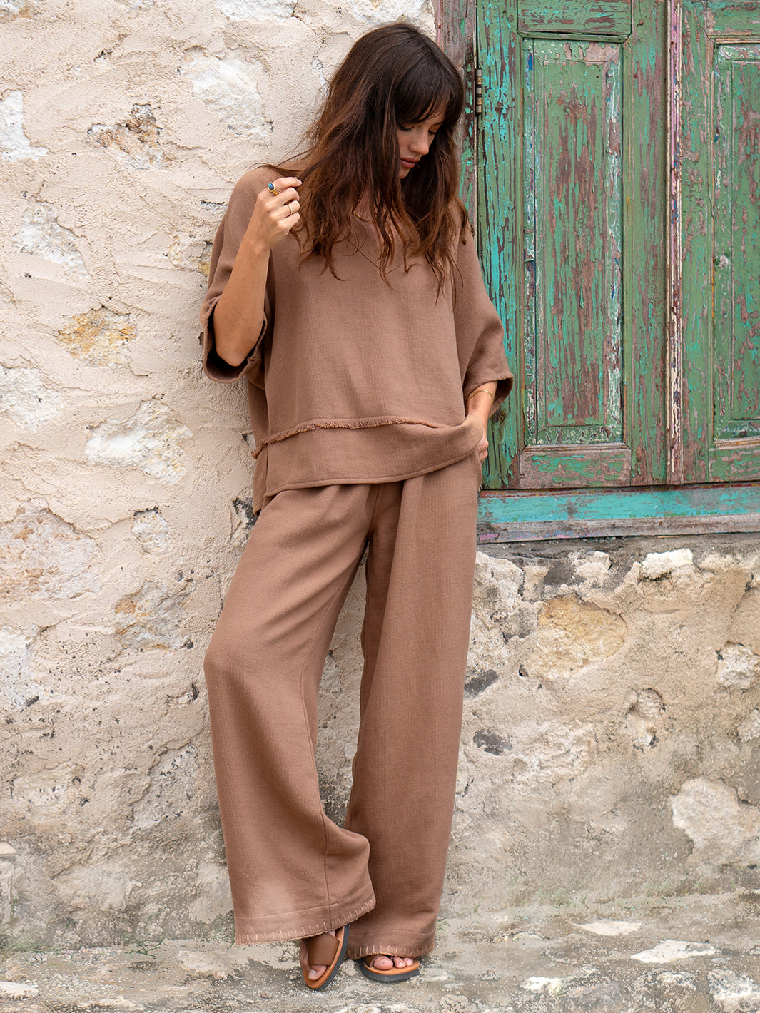 Model wears Floris Ramie Top in Desert Sand