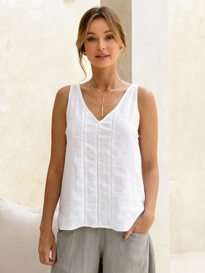 Model wears Giana Linen Top in White