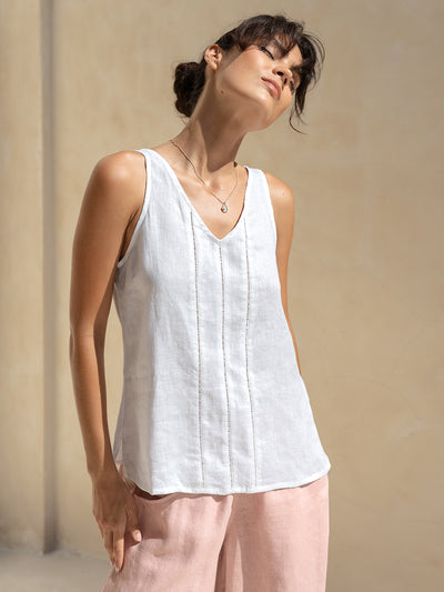 Model wears Giana Linen Top in White