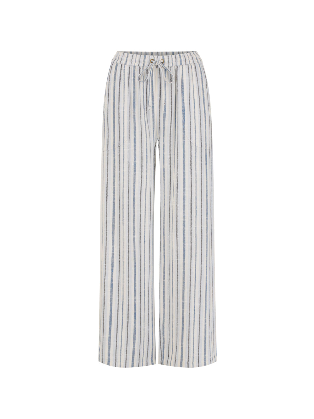 Jolie Linen Blend Pants in coastal blue shown flat, with drawstring waist, front pockets and wide leg cut.