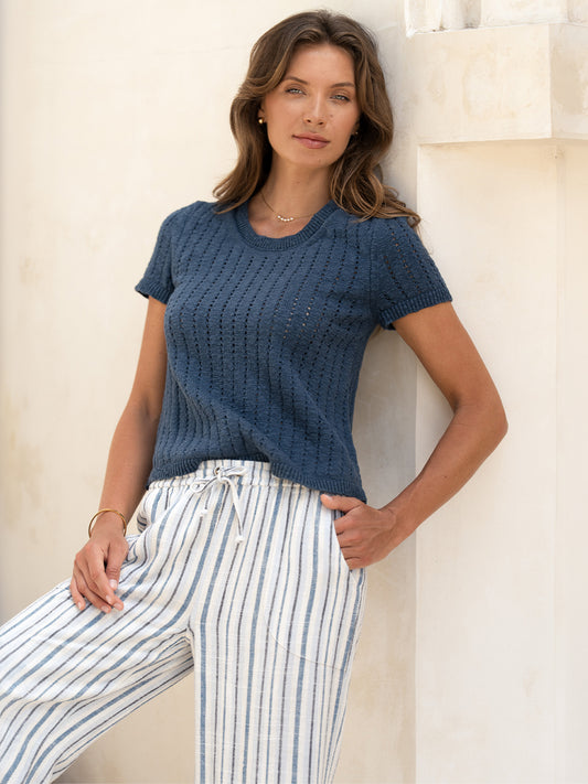Close view of the Jolie Linen Blend Pants in coastal blue, showing the drawstring waist and striped weave.