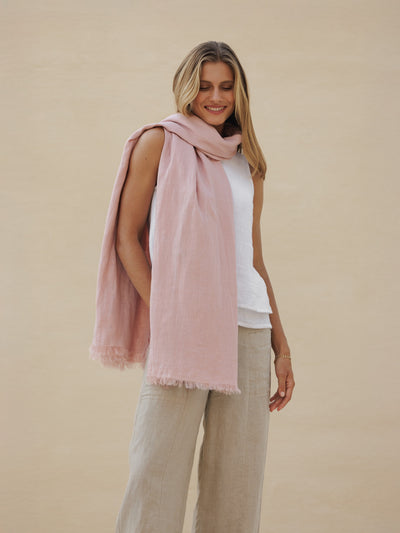 Model wears Omari Linen Scarf in Dusty Rose.