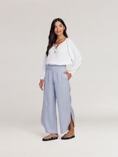 Model wears Sienna Linen Pants in Slate Blue