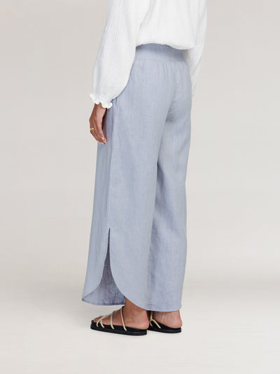 Model wears Sienna Linen Pants in Slate Blue