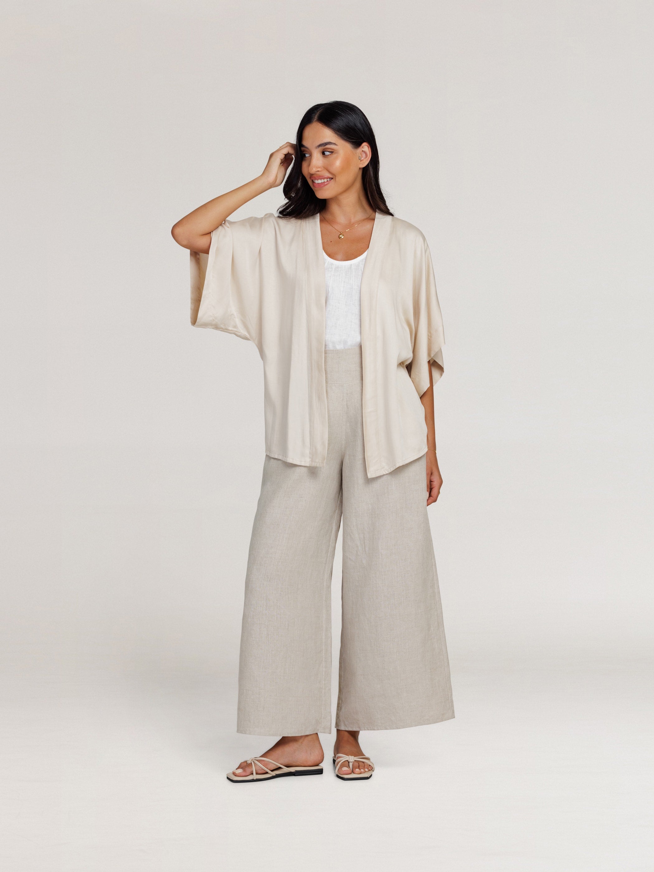 Model wears Lucca Bamboo Kimono in Stone