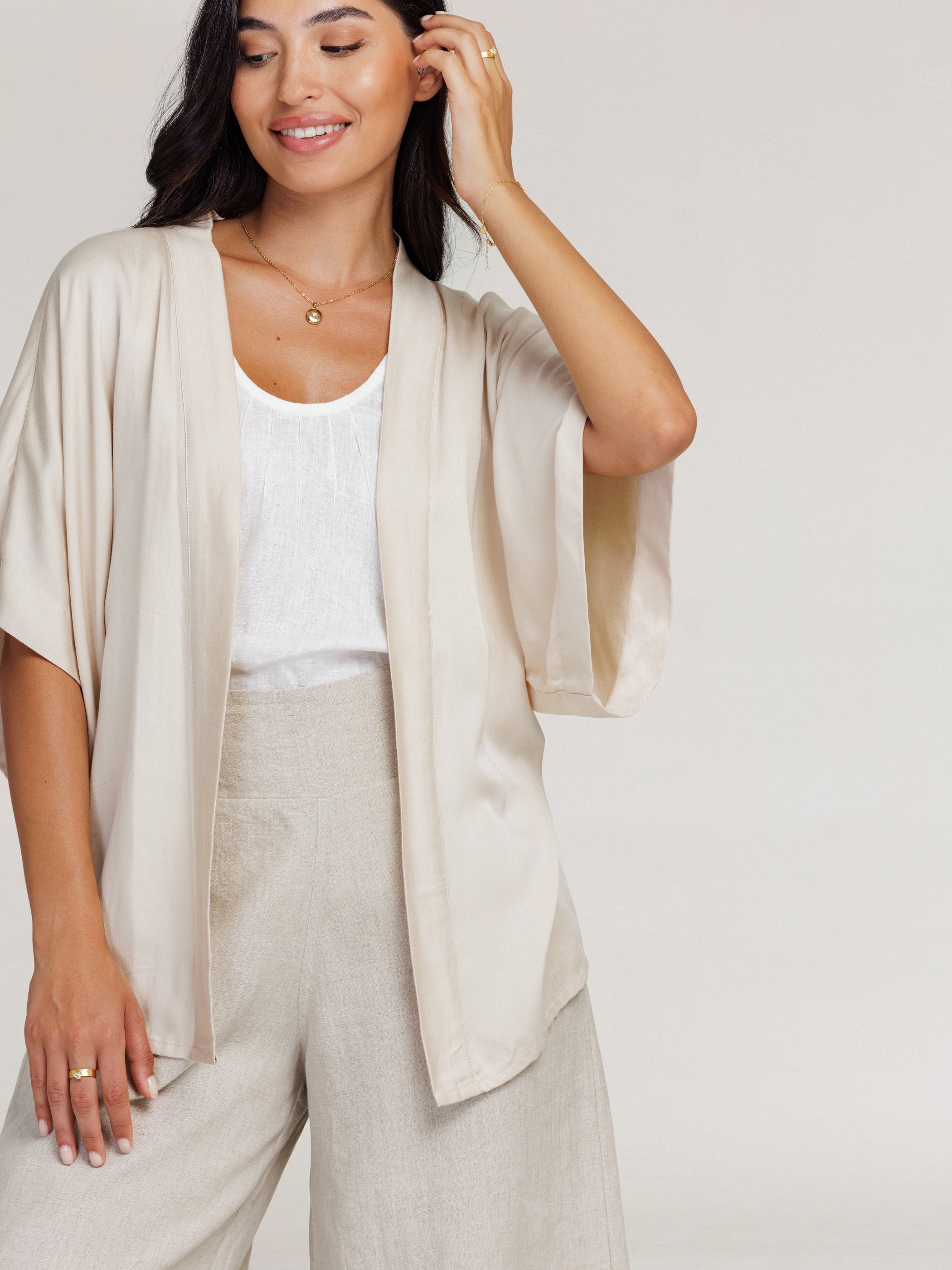 Model wears Lucca Bamboo Kimono in Stone