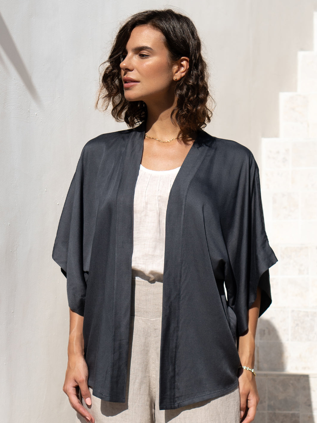 Model wears Lucca Bamboo Kimono in Charcoal