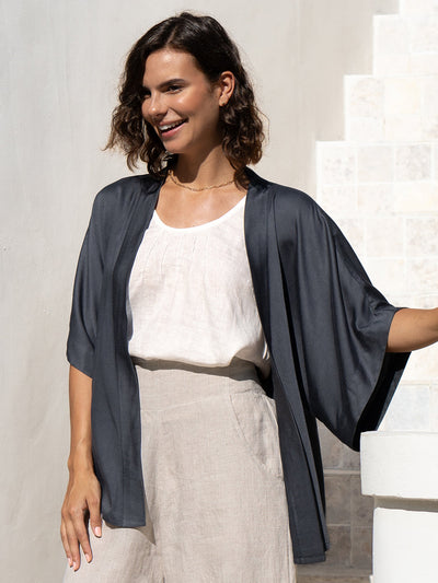 Model wears Lucca Bamboo Kimono in Charcoal