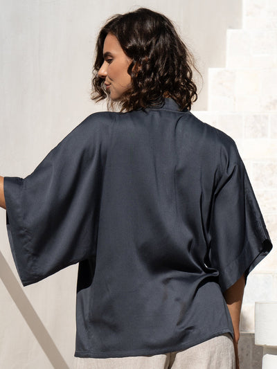 Model wears Lucca Bamboo Kimono in Charcoal