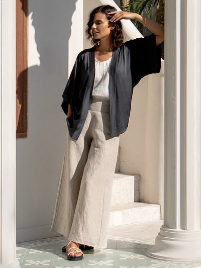 Model wears Lucca Bamboo Kimono in Charcoal