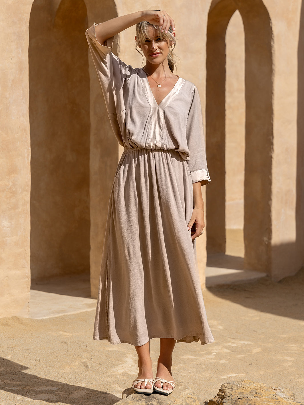 Model wears Lucrezia Lyocell Maxi Dress in Misty Rose