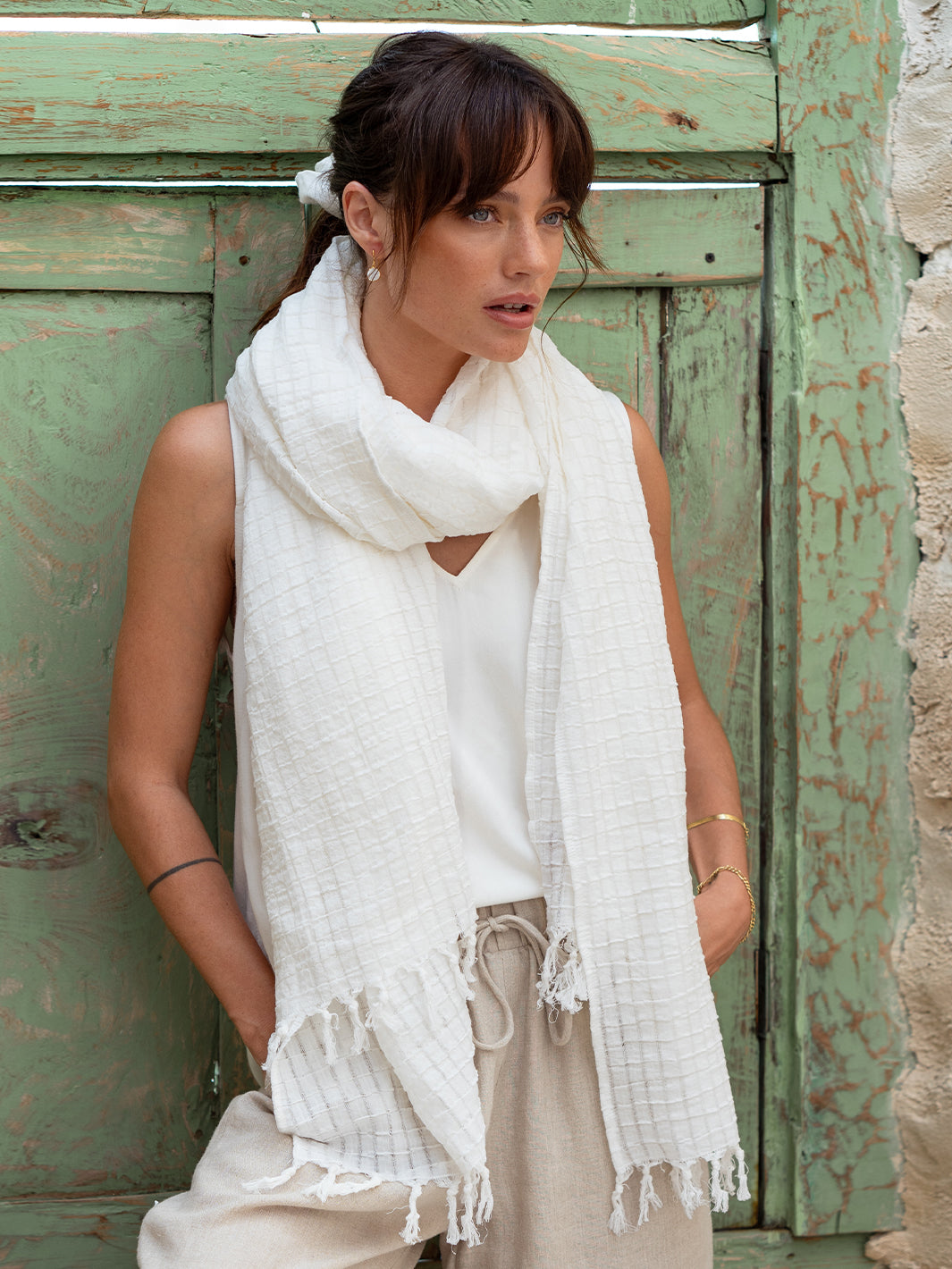 Model is wearing Lugano Cotton Scarf in White