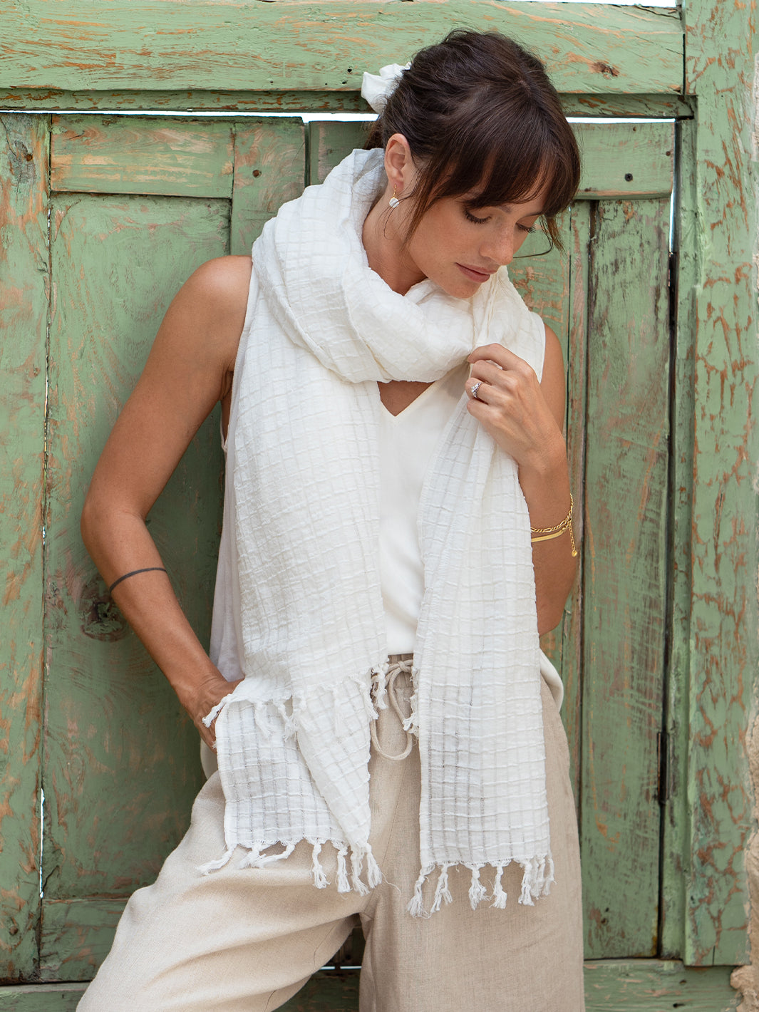 Model is wearing Lugano Cotton Scarf in White