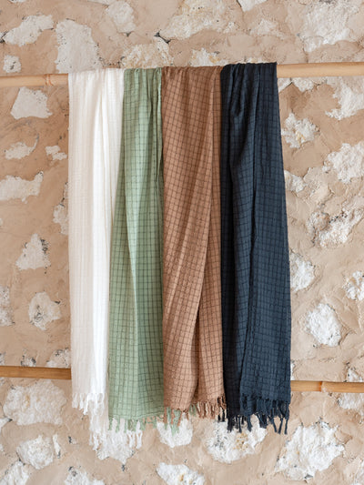 Image features Lugano Cotton Scarf in White, Moss, Desert Sand and Charcoal