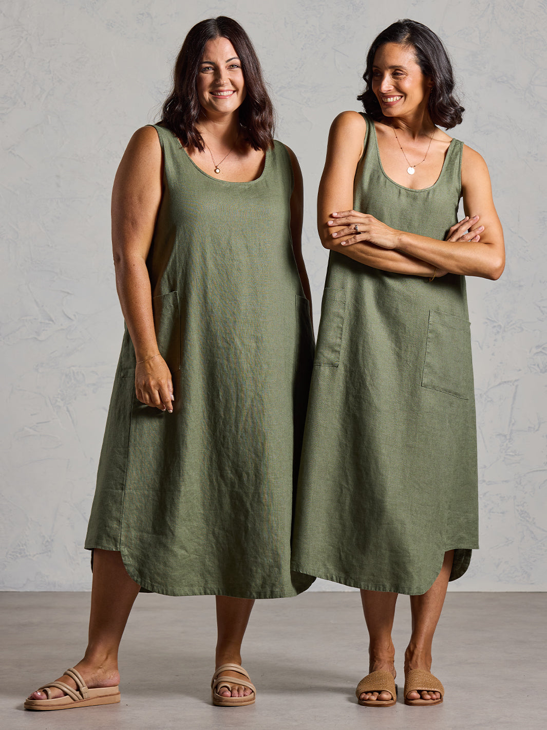 Model wearing Laurel French Linen Dress in Olive colour