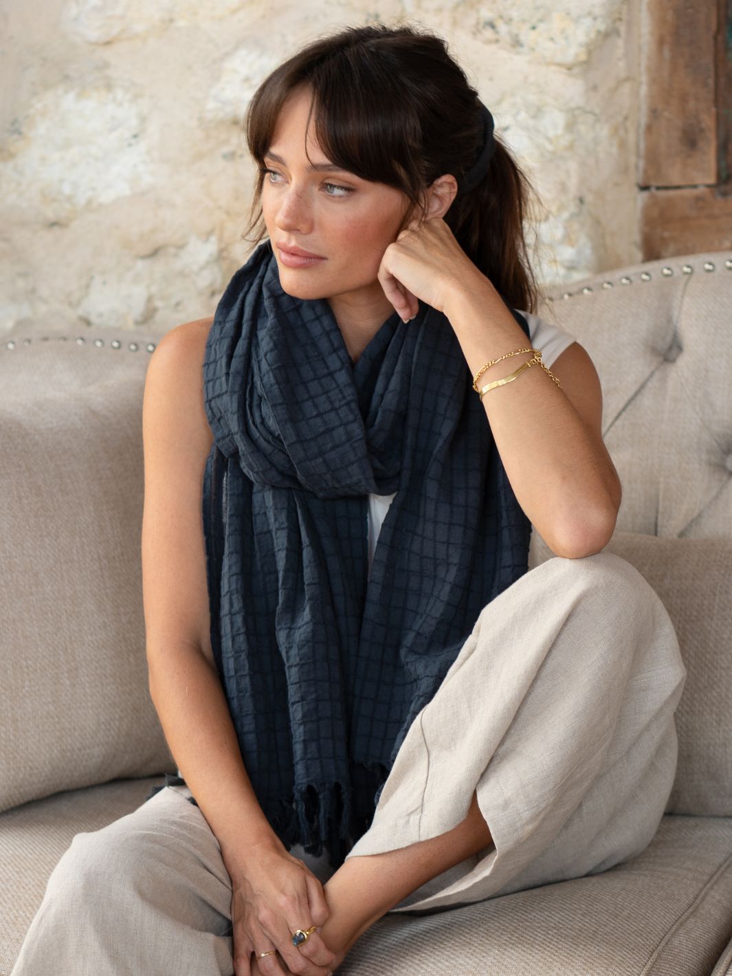 Model wears Lugano Cotton Scarf in Charcoal