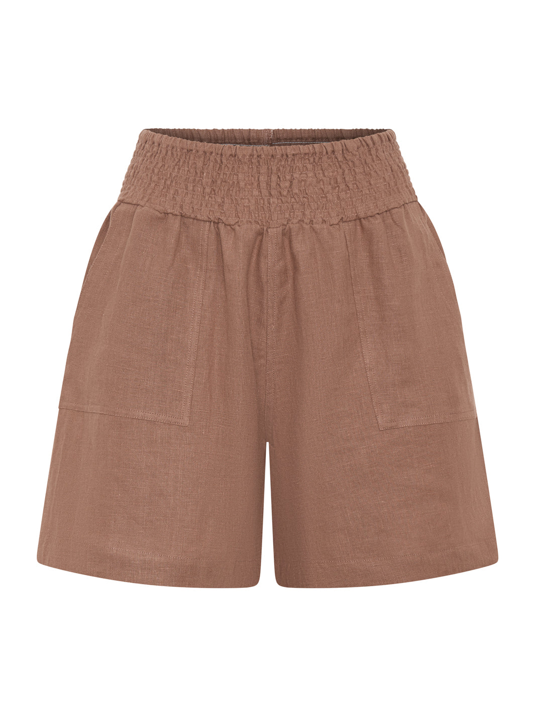 Brown shorts with an elastic waistband on a white background