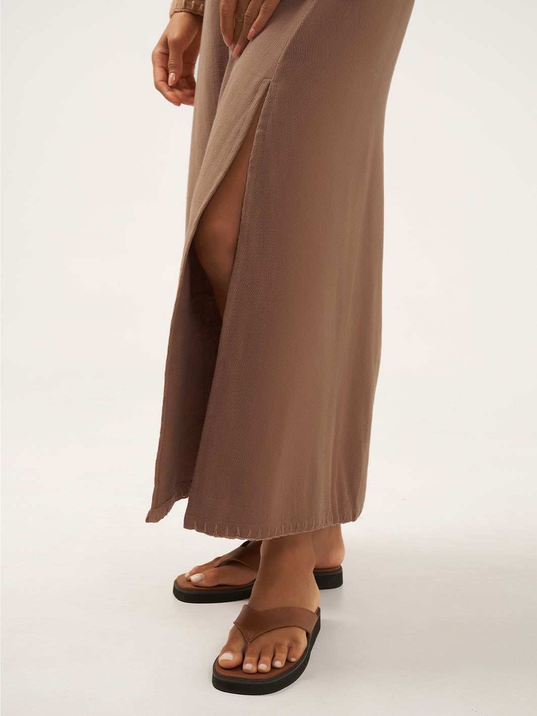 Model wears Nerii Ramie Skirt in Desert Sand