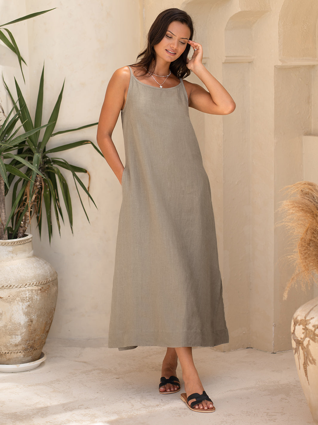 Model wears Peony Linen Dress in Taupe