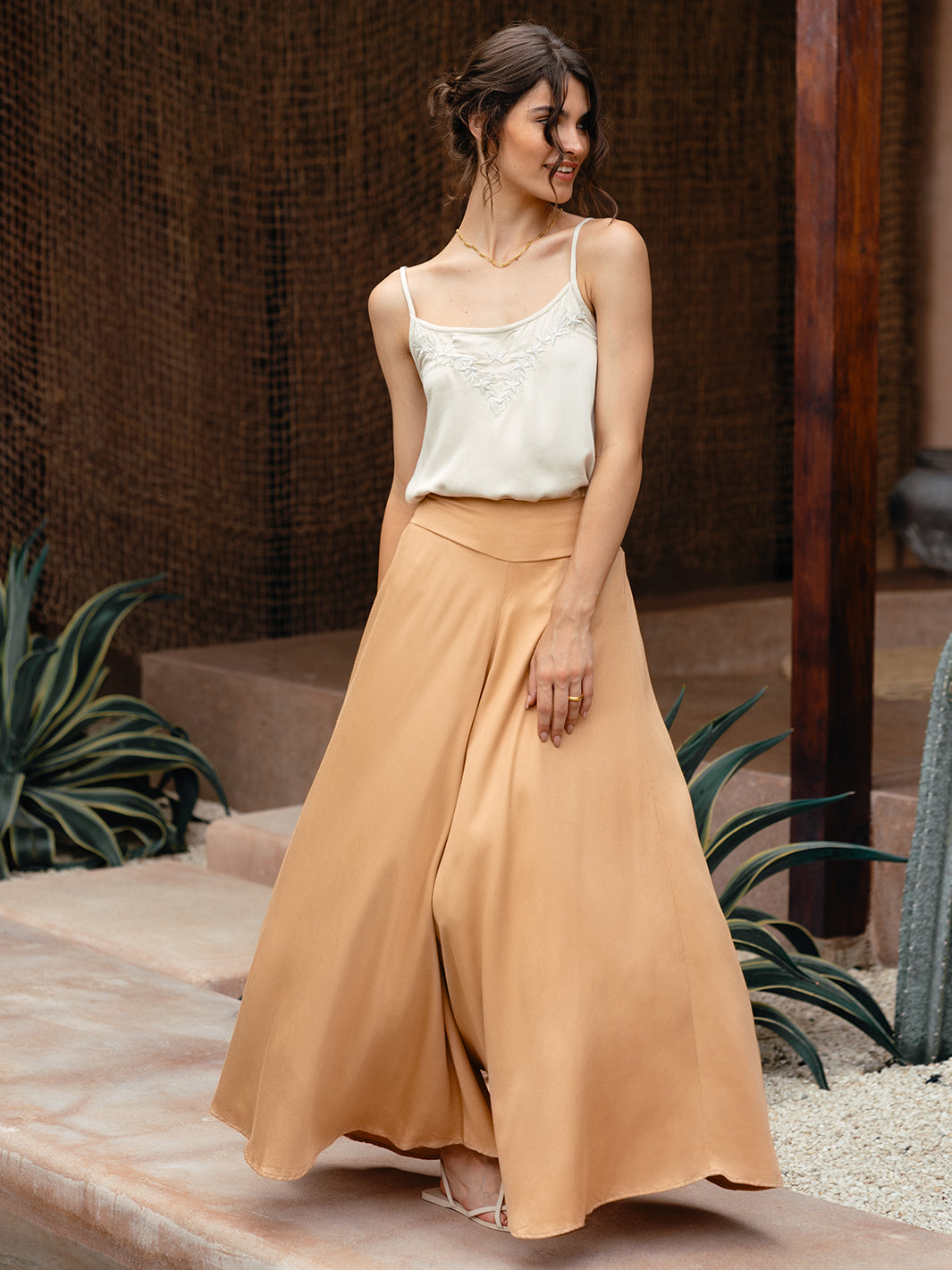 Model wears Palazzo Ecovero™ Pants in Camel