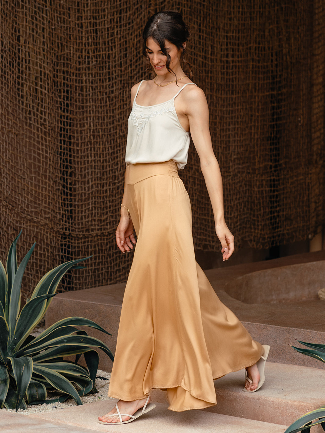 Model wears Palazzo Ecovero™ Pants in Camel