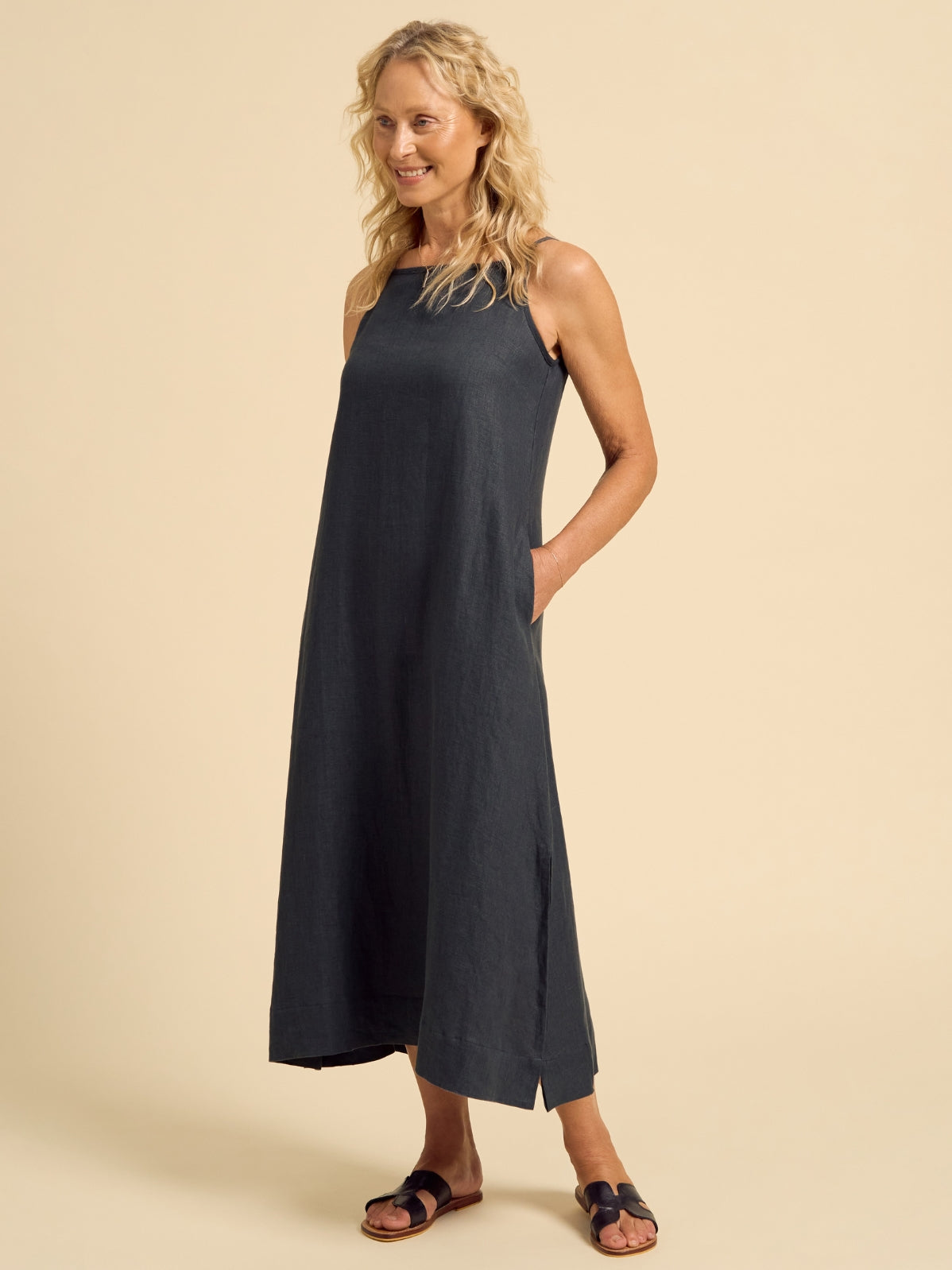 knee length dresses for ladies Peony Linen Dress Charcoal (XXS)