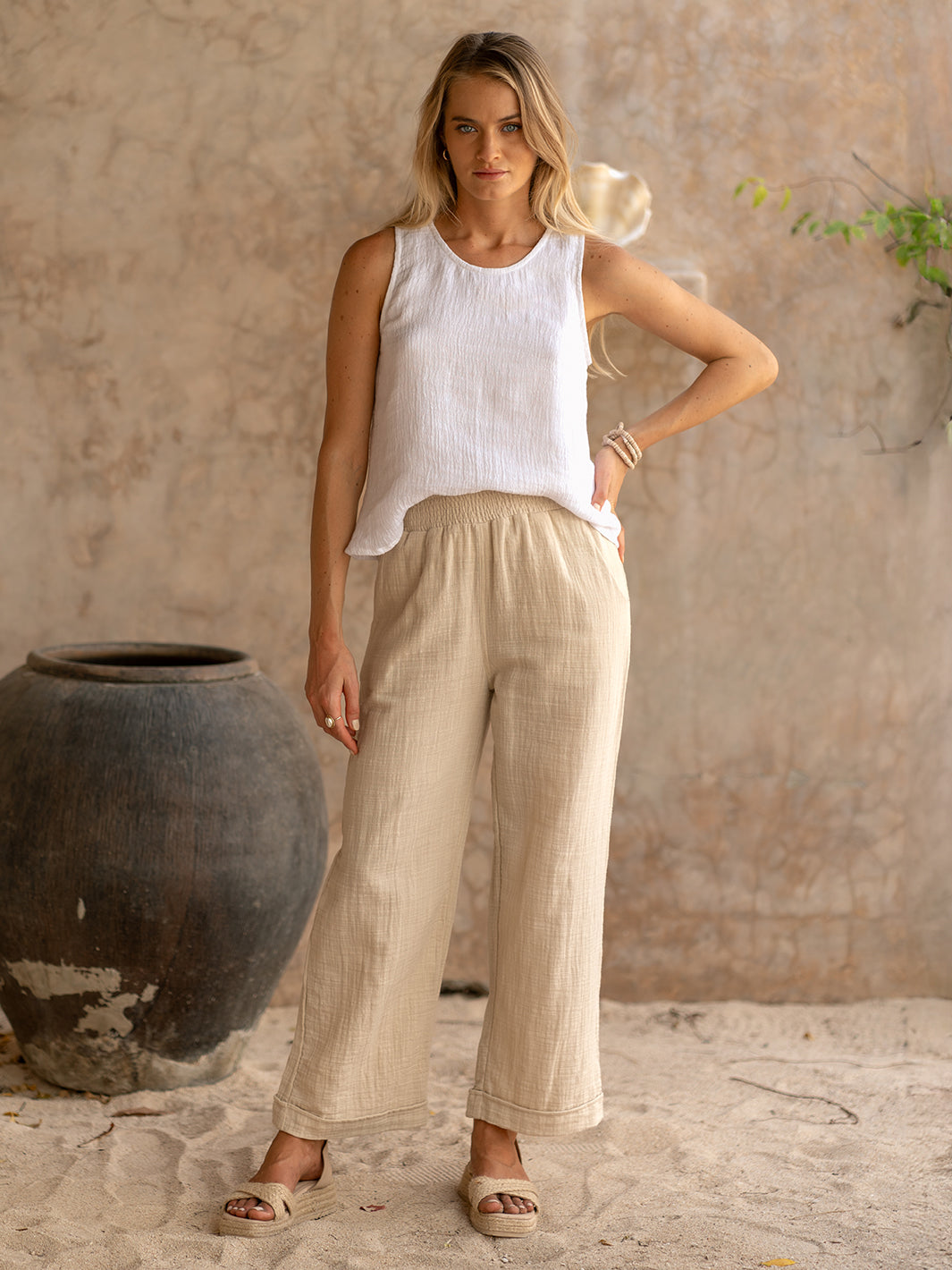 Model wears Sancia Cotton Pants in Stone