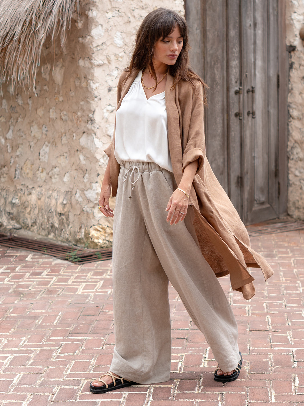 Model is wearing Sundara Linen Pants in Flax