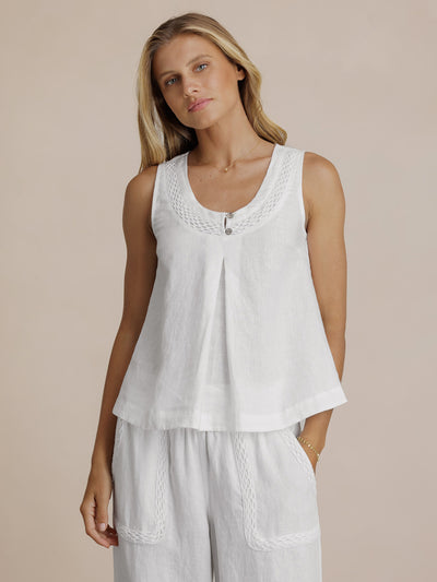 Model wears Suvi Linen Top in White