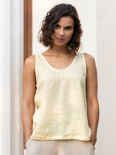 Model wears Tuscan Linen Top in Lemon