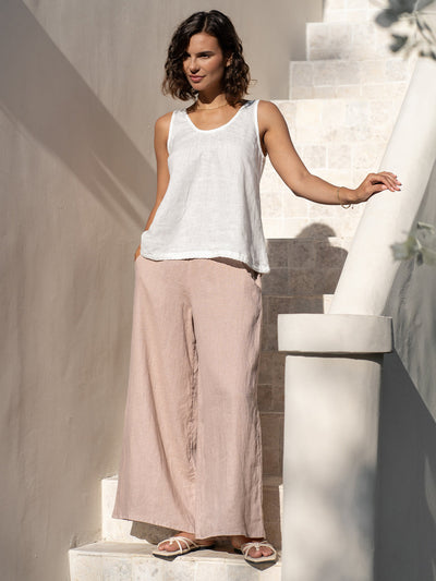 Model wears Tuscan Linen Top in Ivory