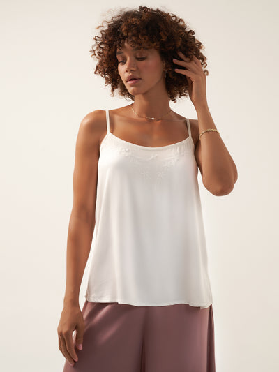 Model wears Verona Bamboo Cami Top in Ivory