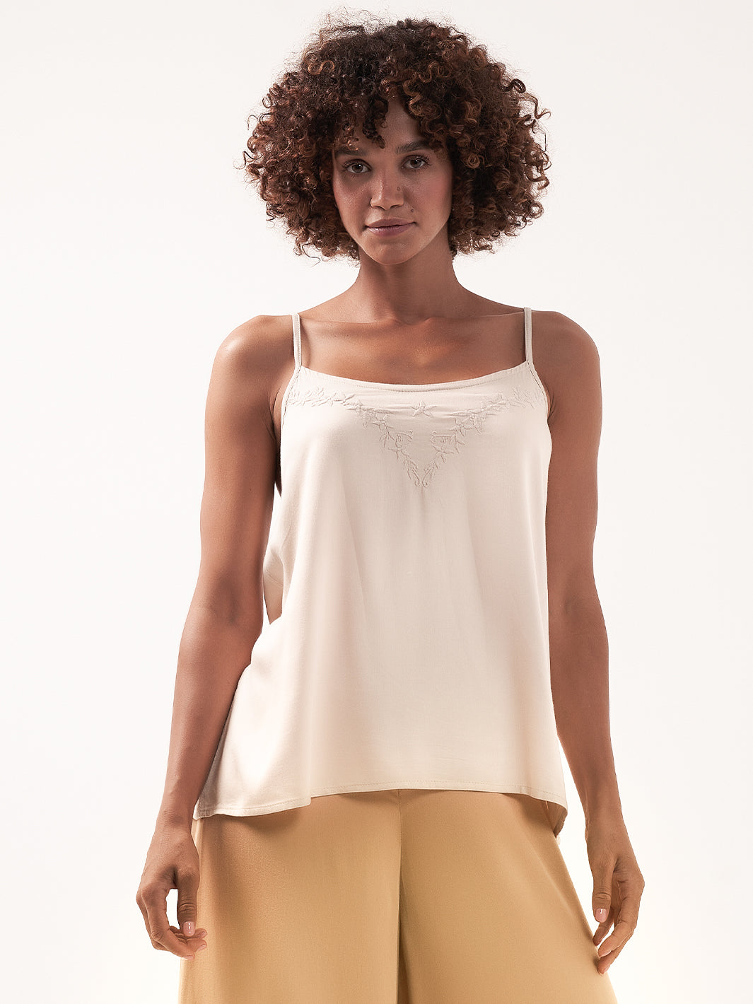 Model wears Verona Bamboo Cami Top in Stone