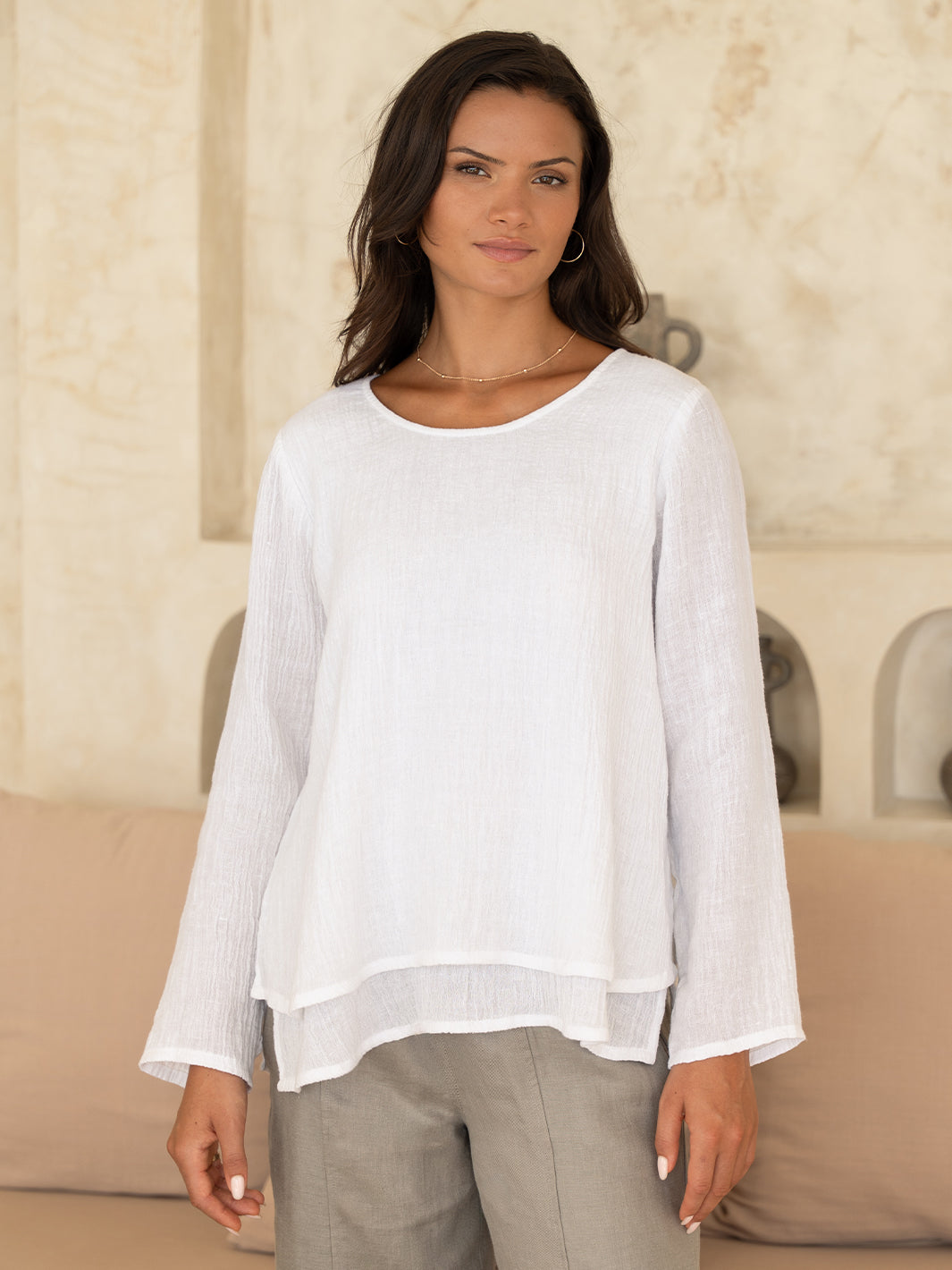 Model wears Viola Linen Top in White