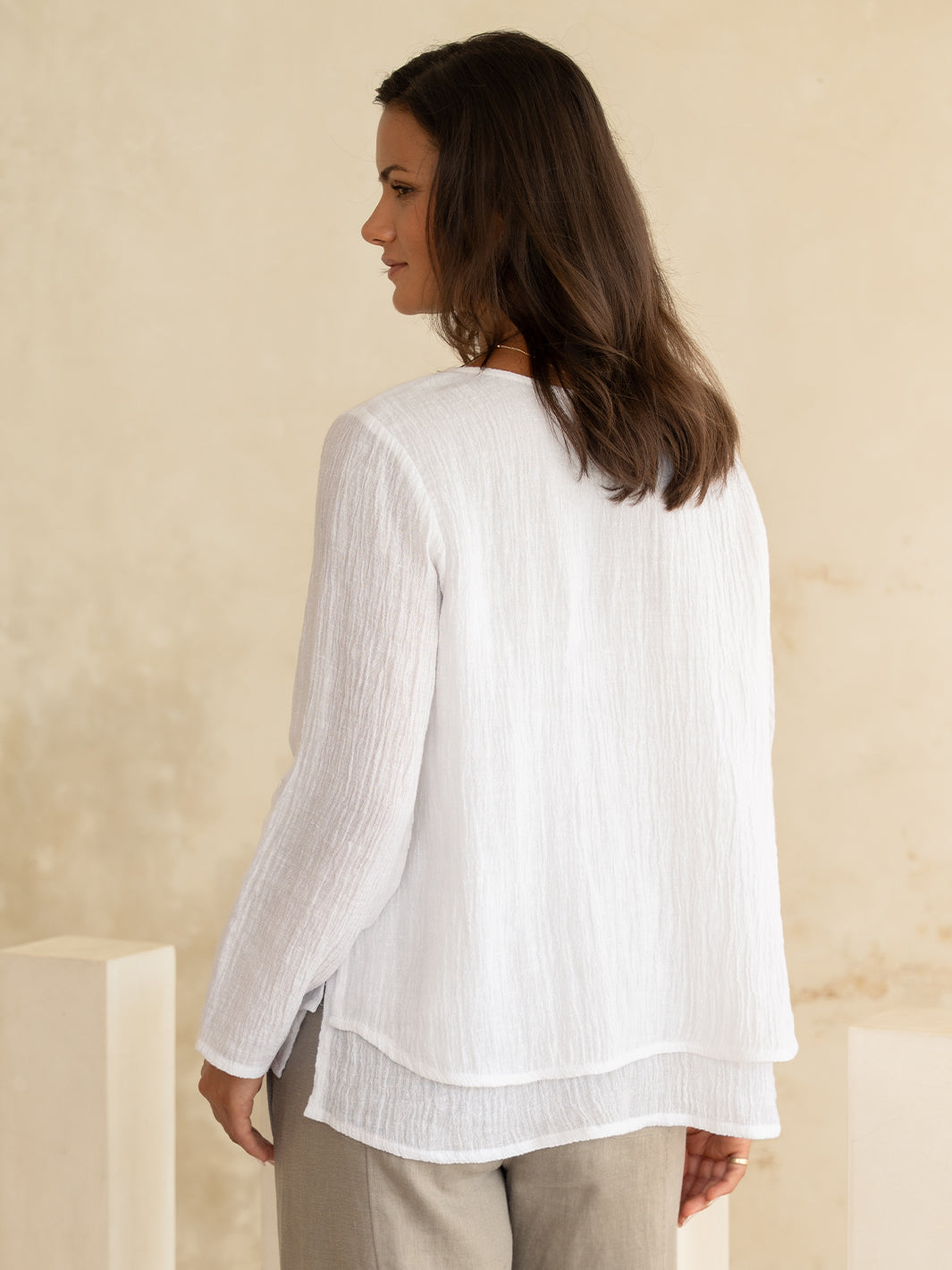 Model wears Viola Linen Top in White