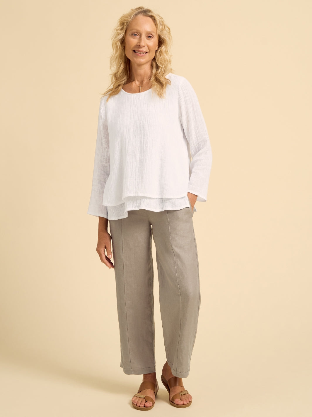 Model wears Viola Linen Top in White