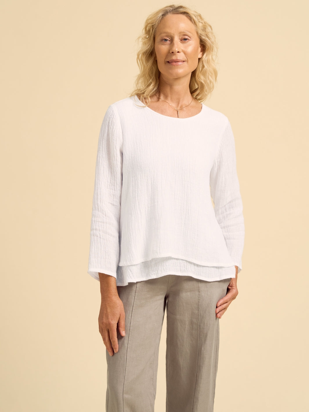 Model wears Viola Linen Top in White